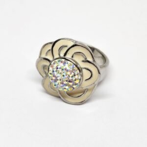 Anillo acero quirúrgico 316 esmaltado flor blanca con microcircones
