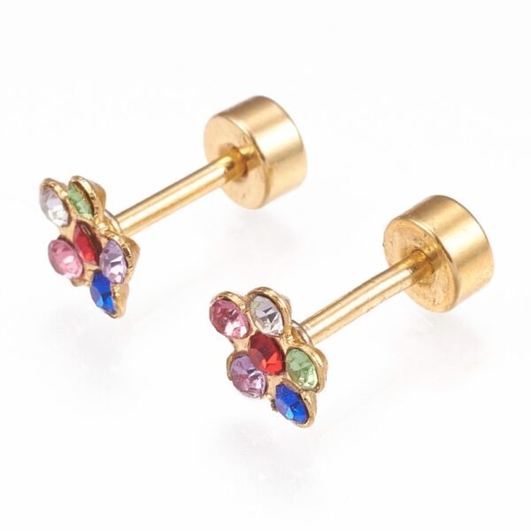 Par de aritos abridores de acero dorado flores con microcircones