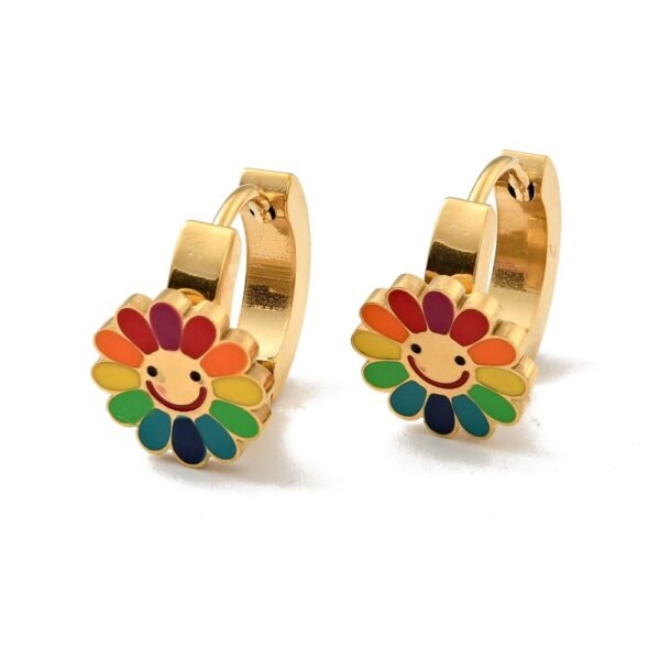 Par de aros de acero dorado de flores girasoles esmaltados
