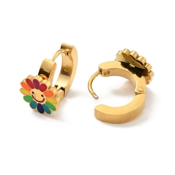 Par de aros de acero dorado de flores girasoles esmaltados - Imagen 2