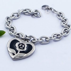 Pulsera de acero quirúrgico de corazón con flor