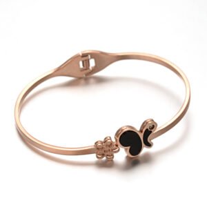 Pulsera esclava de acero rosado con mariposa esmaltada